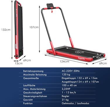 Бігова доріжка COSTWAY 2 в 1, складана, 2,25 к.с., з APP, Bluetooth, дистанційним керуванням, швидкість 1-12 км/год, для дому, червона