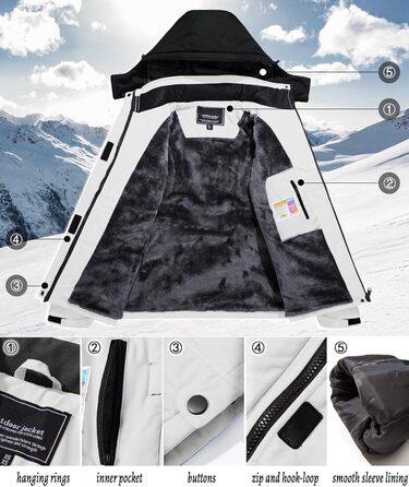 TACVASEN жіноча куртка-перехідник, тепла зимова куртка, куртка для походів, гірськолижна куртка з водонепроникною блискавкою, білий та чорний колір