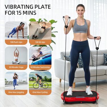 Вібраційна платформа TLGREEN з тихим мотором, 120 рівнів + 10 програм, з пультом, еластичні стрічки, для тренувань всього тіла, спалювання жиру (L-59x34x13cm, Червона)