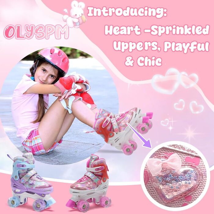 Роликові ковзани для дівчаток Rollkate Kid з блискучими сердечками та світлодіодами, регульовані 4 рази, ідеальні для початківців, подарунок на день народження або Різдво (рожеві)