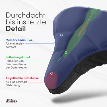 Подушка на сидіння велосипеда WITTKOP з гелевою подушкою та піною з пам'яті I Ергономічний велосипедний чохол для жінок та чоловіків з 3-зонною системою I Зручний велосипедний сидіння для Peloton та велосипедного сидіння (CITY)