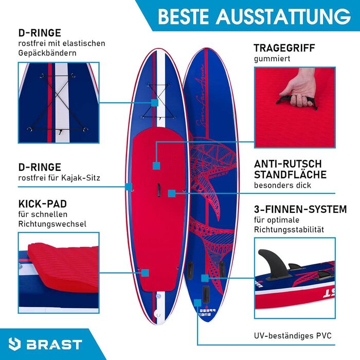 Надувна SUP дошка BRAST Shark 300-320 см, комплект: 2-в-1 весло, сидіння для каяка, тримач для екшн-камери, насос, рюкзак, 5 років гарантії