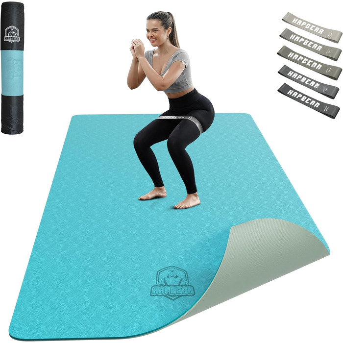 Йога-мат XXL HAPBEAR 183x91x0,6 см, нековзкий TPE, спортивний килимок для фітнесу, з еспандерами та сумкою