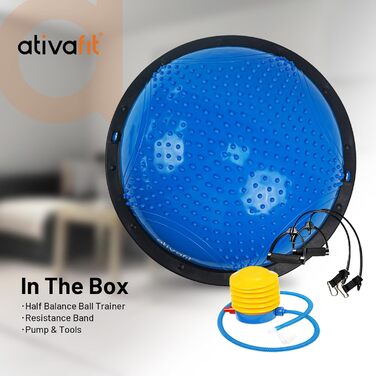 Йога-м'яч Ativafit для балансу та фітнесу 60*18 см, до 300 кг, з помпою та еспандером (блакитний)