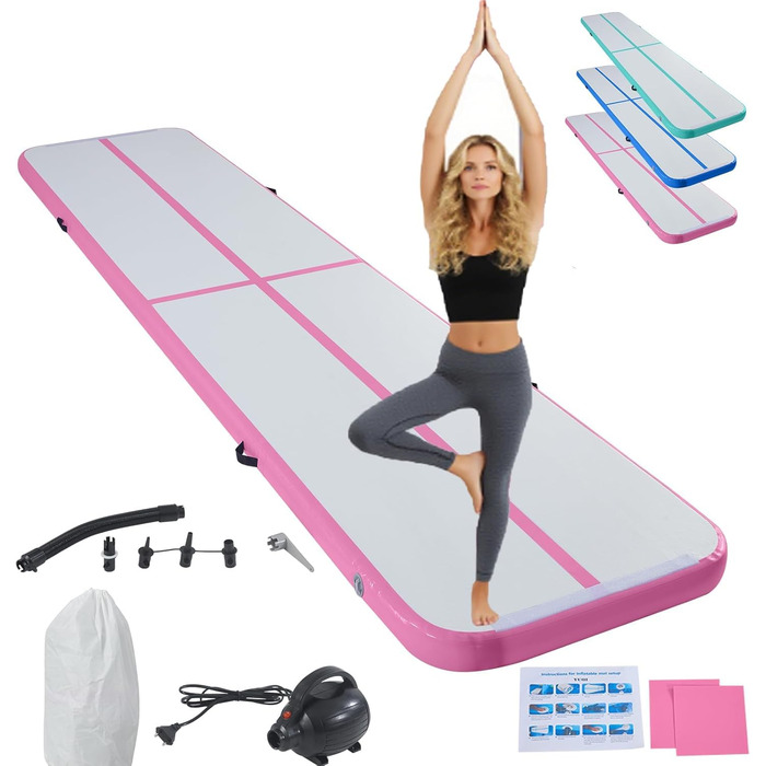 Надувна гімнастична килимок LSLIFE Tumble Track 4м з електричним насосом для гімнастики, йоги, дитячих тренувань, рожевий