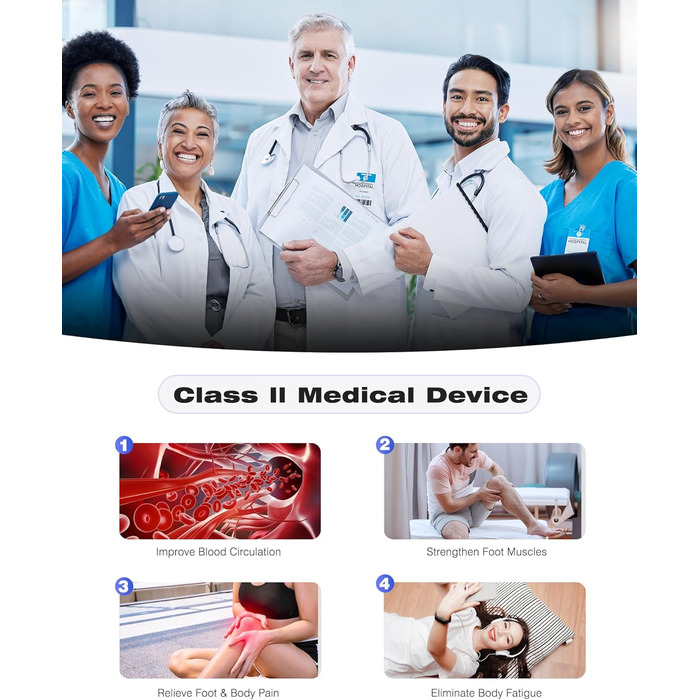 Масажер для ніг та тіла Medic EMS TENS - стимулятор кровообігу з 10 режимами та 20 рівнями інтенсивності. Зменшує біль при п'ятковому фасціїті, невропатії та болю. Білий колір.