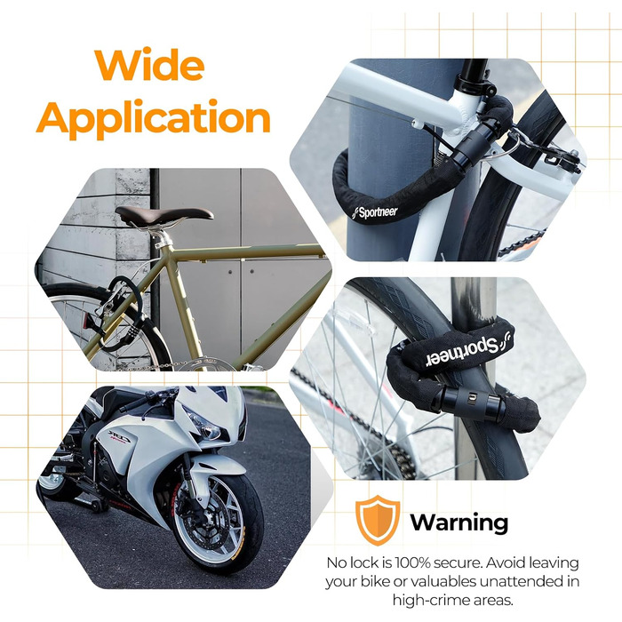 Протикрадіжний ланцюговий замок Sportneer зі сталі (8мм) для велосипеда, мотоцикла та воріт, 100 см, чорний, 2 ключі