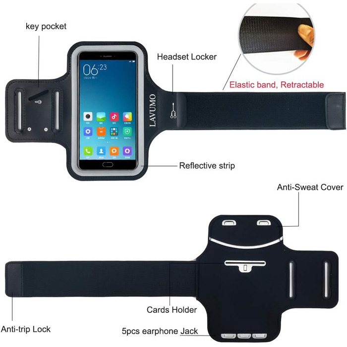 Спортивний браслет на руку для iPhone 16 Pro Max, 16 Plus, 15 Pro Max, 15 Plus, 14 Pro Max, Samsung S24, S23, S22 Ultra. Тримач для телефону на руку для бігу та спорту, чорний. Підходить для телефонів 6.3'-7.0'