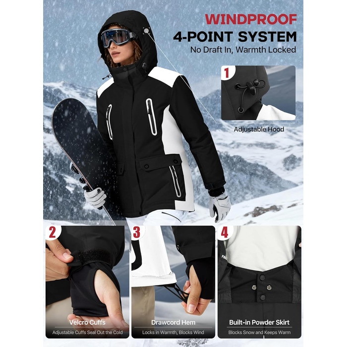 Водонепроникна жіноча зимова куртка FREE SODIER з флісовою підкладкою та капюшоном, Ginger Yeow (M, чорний/білий)