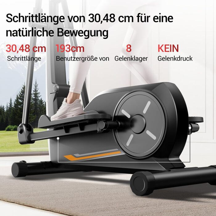 Крос-тренажер CURSOR для дому з 16 рівнями опору, ультратихий магнітний еліпс, довжина кроку 40 см, датчики пульсу, LCD-дисплей, вантажопідйомність 159 кг, помаранчевий