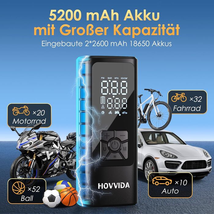 Електричний портативний компресор HOVVIDA 150 PSI 5200 мА·г, бездротовий, для авто, мотоцикла, велосипеда, м'ячів, LED, авто-відключення