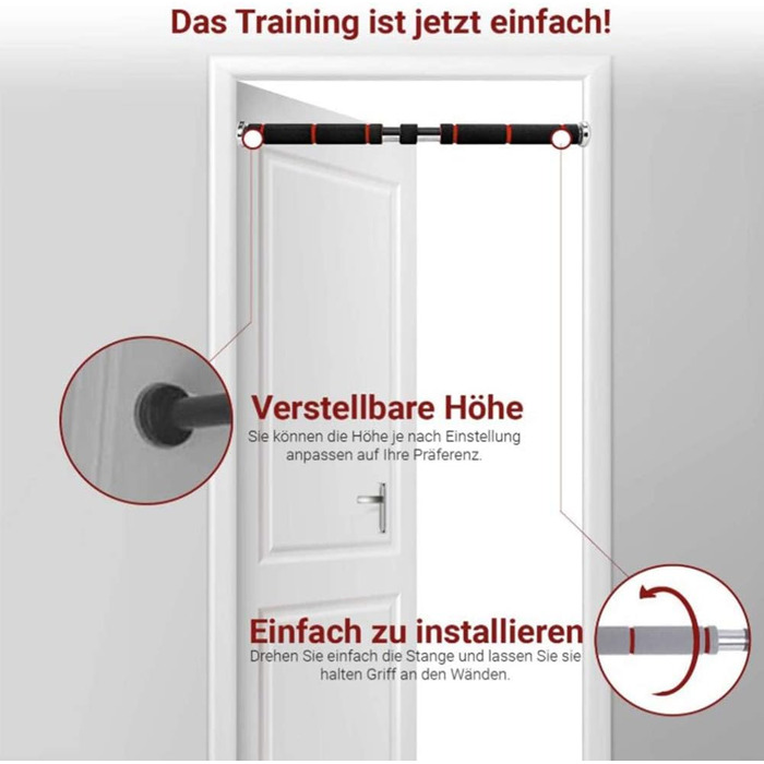 Турнік для дверей Klimmzugstange | Регульована висота 80-130 см | Макс. вантажопідйомність 150 кг | Чорний та червоний | Для силових тренувань