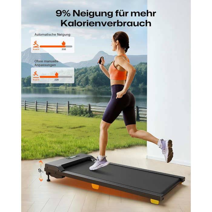 UREVO Walking Pad - біговий килимок з регулюванням нахилу 9%, тихий, з амортизацією, 2.5 к.с., для дому/офісу, з пультом, без монтажу, чорний