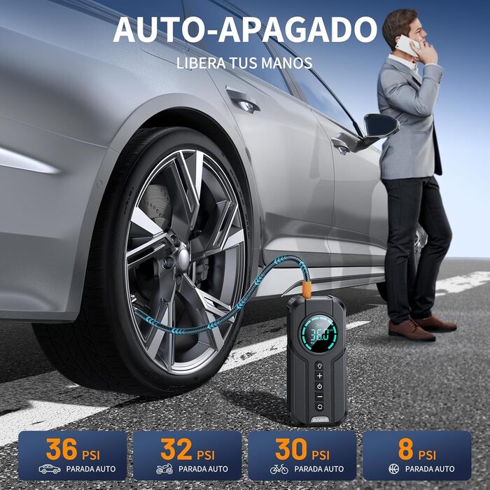 Портативний електричний компресор 150PSI, міні насос для шин з цифровим LED-дисплеєм, 4 насадки, 12В, акумуляторний, для авто, мотоцикла, велосипеда, м'ячів