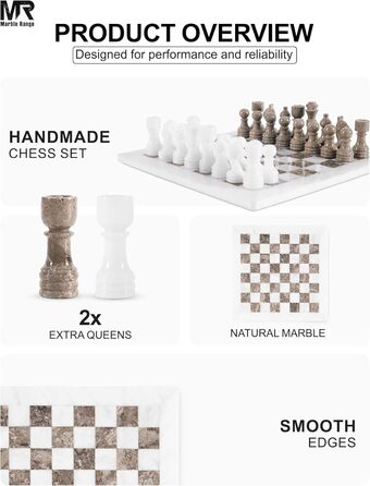 Шаховий набір з мармуру для дорослих, ручної роботи, 32 фігури, 2 додаткові королеви, коробка для зберігання, подарунок, декор (Кораловий & Темно-коричневий) (Білий & Океанічний)