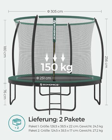Батут SONGMICS Outdoor Ø 244/305/366/427 см, круглий, для саду, з сіткою безпеки, захисним бордюром, сходами та м'якими стійками, 366 см, чорний + темно-зелений