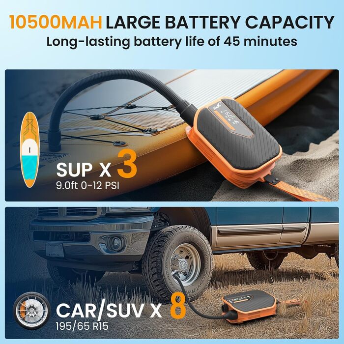Акумуляторний насос TowerTop Sup Pumpe 10500mAh для SUP-бордів, човнів та авто, 50 PSI, 12V, двоступеневий (накачування та випуск повітря) з 8 насадками