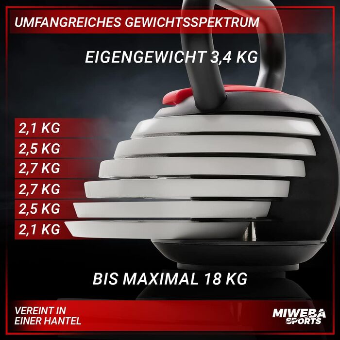 Регульована гиря Miweba Sports KB300 3,5-18 кг для фітнесу, Easy Lock, універсальна для тренувань у приміщенні та на вулиці