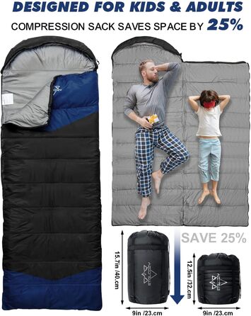 Спальні мішки для дорослих та дітей – для холодної та теплої погоди. Водонепроникний, легкий спальний мішок для кемпінгу, піших прогулянок та трекінгу (з компресійним мішком). Підходить для 3-4 сезонів, 10-20°C, 1.5KG – Чорний