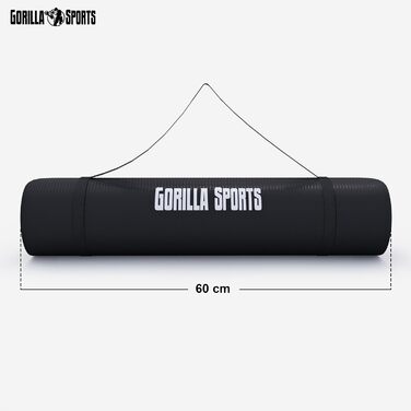 Йога мат GORILLA SPORTS® 190x100x1,5 см з ручним ременем, не містить фталатів, антиковзаюча, чорна. Підходить для фітнесу, гімнастики та тренувань
