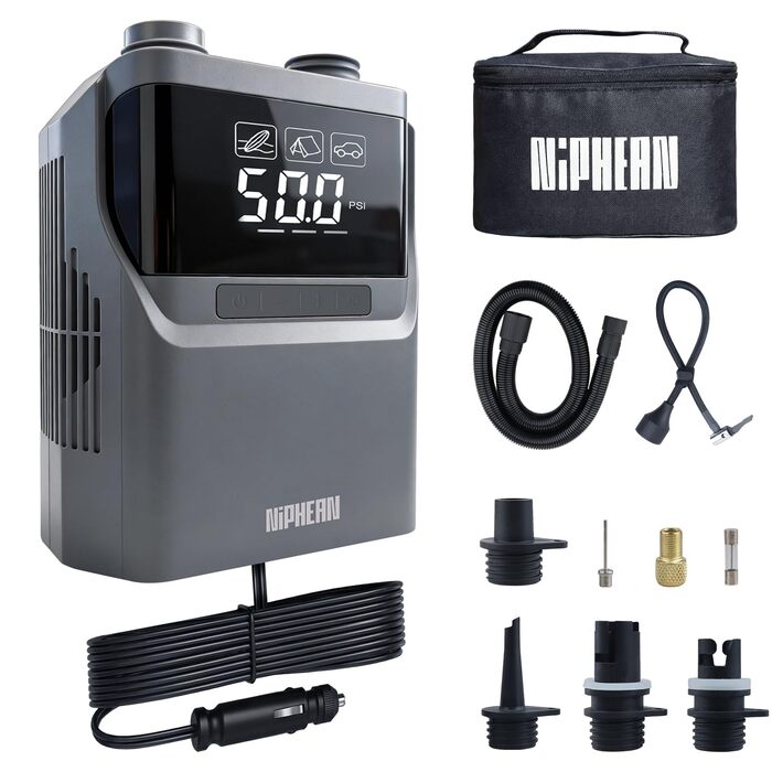Електричний насос Niphean для SUP-дощок та автомобільних шин, 50 PSI, з подовженим кабелем зарядки 300 см та сумкою для зберігання