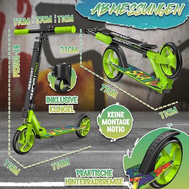 Дитячий та дорослий трюковий самокат Cityroller з дзвіночком та ременем | Регульована висота, складний, до 100 кг | Великі колеса, Kickscooter, Kickroller (Зелений)