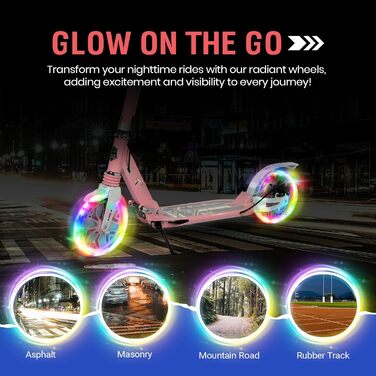 Самокат трюковий Kickscooter LED рожевий, для дітей 8-12 років та дорослих, колеса 200мм, дискові гальма, складаний, з ременем та подвійною амортизацією