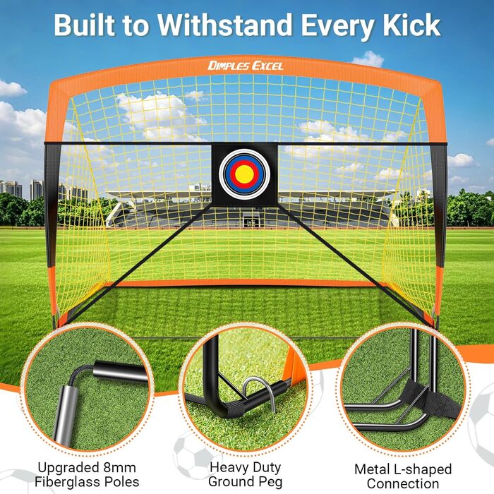 Ворота для футболу Dimples Excel Pop-Up – розкладні для дітей | 1 або 2 шт. в розмірах 120x90 / 152x110 / 213x152 см | 3 кольори на вибір | Опційно з м'ячем, насосом, конусами та мішенню | Для саду та подарунка (2-213x152 помаранчевий+аксесуари)