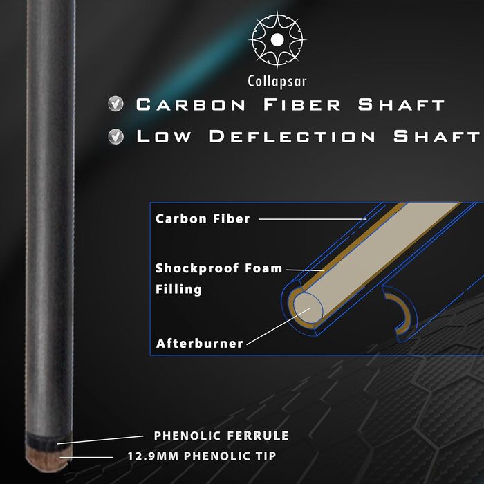 Більярдний кий Collapsar з карбону, 3-х частинний, 12.9 мм, Power Break, 590 г, Punsch Spring, чорний з синім