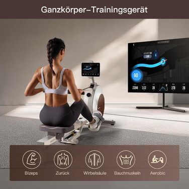 Магнітний гребний тренажер MOBI FITNESS для дому, 40 рівнів навантаження, 45 кг, тихий, LED-дисплей, сумісний з Apple Watch і додатками