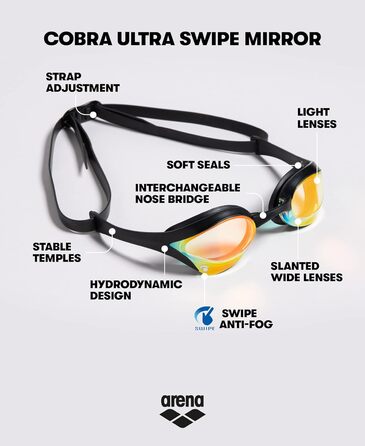 Окуляри для плавання ARENA Cobra Ultra Swipe жовто-білі унісекс + футляр, чорний/білий/синій, універсальний розмір