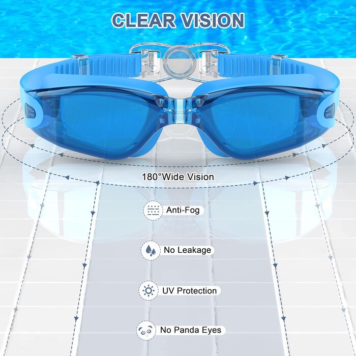 Окуляри для плавання дорослі та дитячі - проти запотівання, HD лінзи, захист від УФ, водонепроникний ущільнювач для тренувань, пляжу/басейну - зручна посадка, унісекс, чоловічі та жіночі окуляри для плавання (2600-BL)