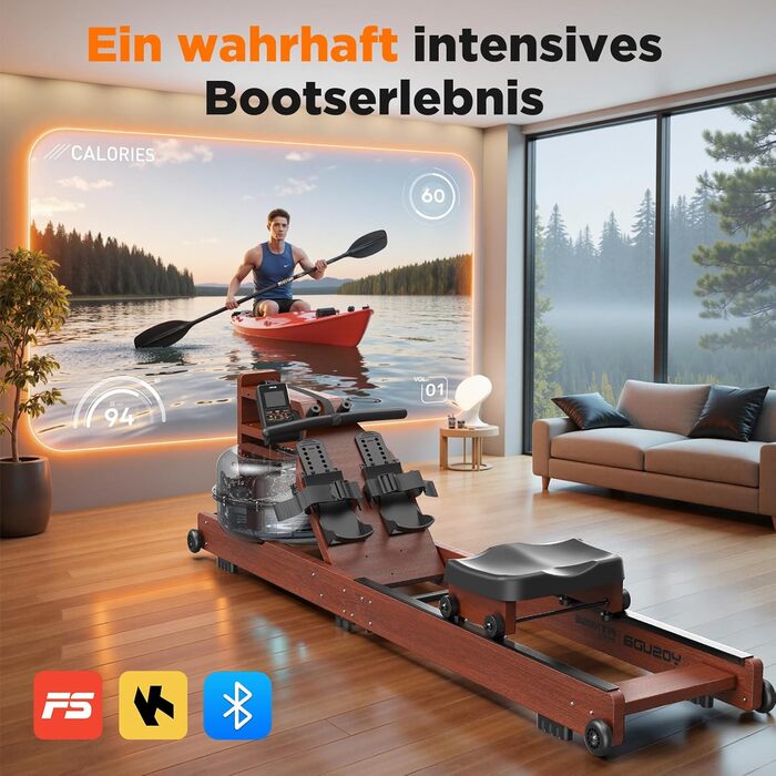 Гребний тренажер YOSUDA 2025 Neu Wasser - складаний, з Bluetooth, дисплеєм та регульованим тримачем для телефону. Максимальна висота користувача 190 см, вага 182 кг. Ідеально для домашніх тренувань.