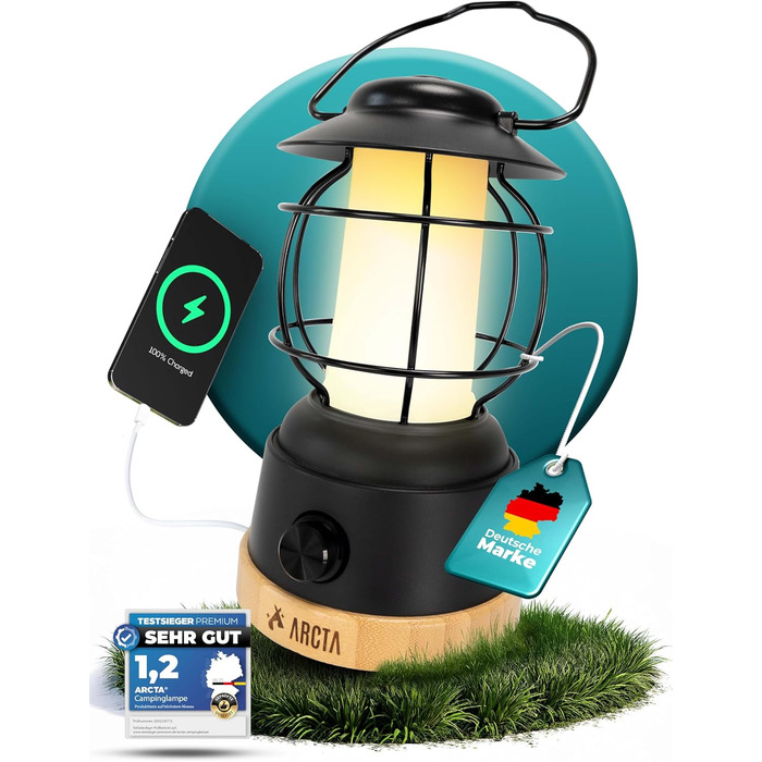 ARCTA® LED кемпінговий ліхтар на акумуляторі – ретро кемпінг ліхтар, IPX4 вологостійкий, димування 20-450lm – ліхтар для намету, саду, кемпінгу, LED Powerbank