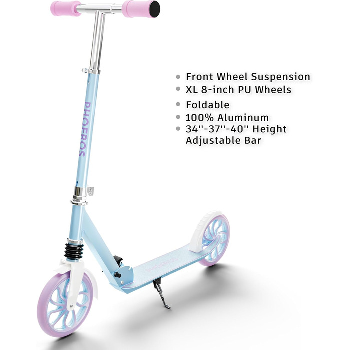 Дитячий трюковий самокат PHOEROS для дітей 6-12 років, підлітків та дорослих. Легкий міський самокат з алюмінію з великими колесами 200 мм, складний, 3-рівнева регулювання висоти, амортизація. (Blue)