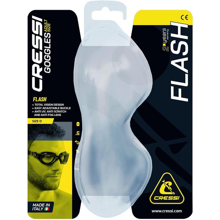 Окуляри для плавання Cressi Flash - чоловічі, з окремими лінзами, проти запотівання, подряпин та УФ-випромінювання, універсальний розмір, чорний/сірий, димчасті лінзи (прозорі/сині, дзеркальні лінзи)