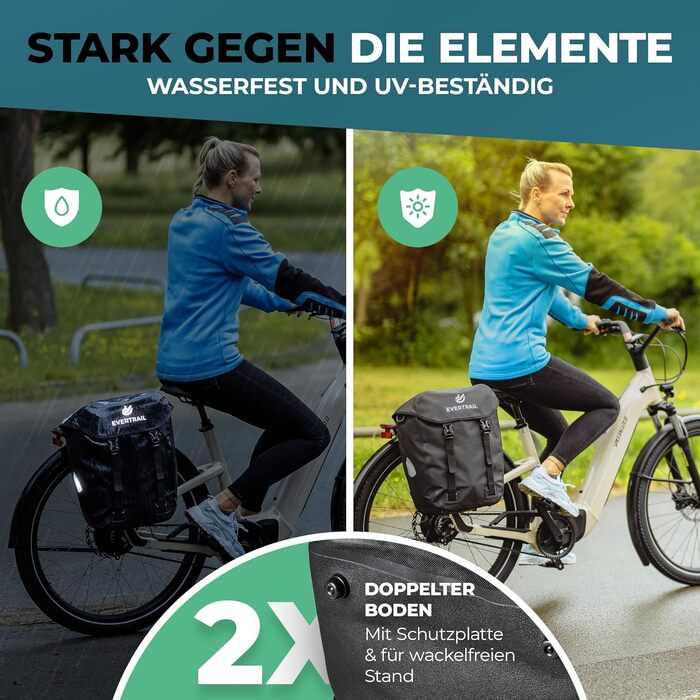 Велосипедна сумка Evertrail 28 л, водонепроникна, на багажник, з відділенням для ноутбука, плечовим ременем, рефлекторами, посиленим дном, чорна, 2024
