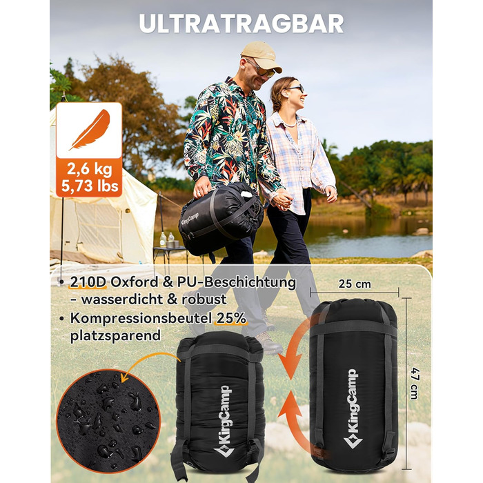 Сплячий мішок KingCamp Flannel для дорослих, 4 сезони, ультралегкий, бавовна, теплий, ковдровий, водонепроникний, для кемпінгу та повсякденного використання, чорний, L, блискавка