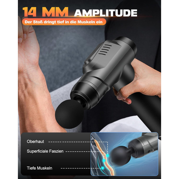 Масажер для м'язів, пістолет для масажу з 99 швидкостями та 8 насадок, до 9800U/min, амплітуда 14 мм, LED-дисплей, 35 dB, для розслаблення спини та плечей, чорний