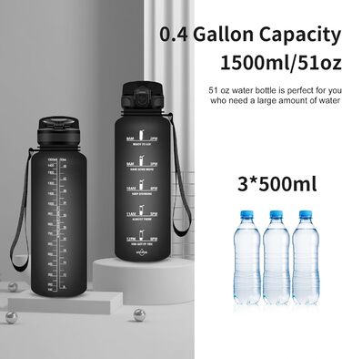 Спортивна пляшка для води Grsta 1,5 л, BPA Free, з фільтром, для газованої води, герметична, з таймерами, для спортзалу, школи, офісу та активного відпочинку, чорна