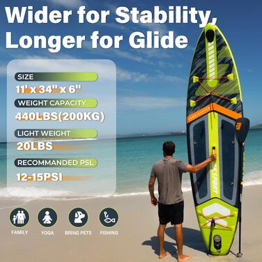 SUP дошка AKSPORT 11' надувна з комплектом аксесуарів, 34 дюйми, антиковзке покриття, для дорослих та підлітків (чорно-зелена)