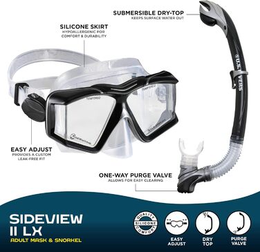 Набір для дайвінгу US.Divers Sideview для дорослих: маска та трубка з панорамним оглядом 180°, UV-захист, антифог, клапан, чорний/сріблястий