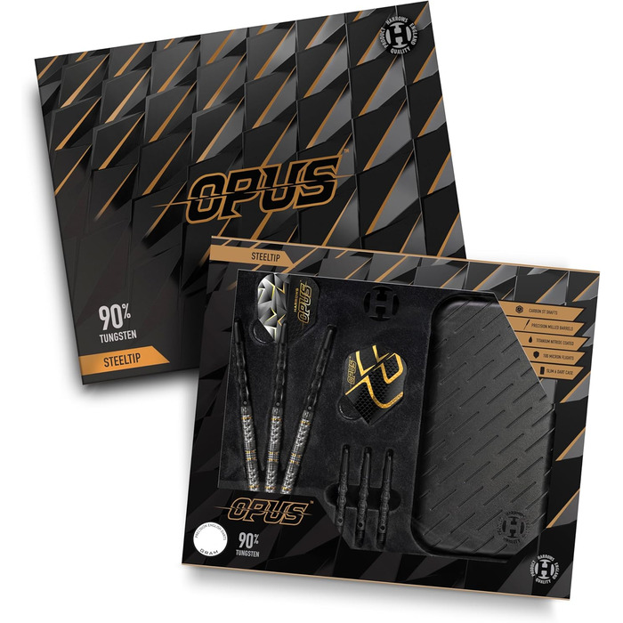 Професійний набір дартс Harrows Opus, 90% вольфрам, 16 предметів, сталеві наконечники, всі ваги, карбонові стержні, Opus Flights