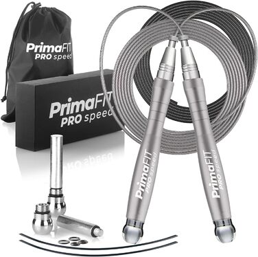 Скакалка PrimaFIT для дорослих 3м, професійна, регульована, з вагами, 2 підшипники, антиковзкі ручки, для боксу, MMA, кросфіту, сталевий трос, з сумкою, срібляста