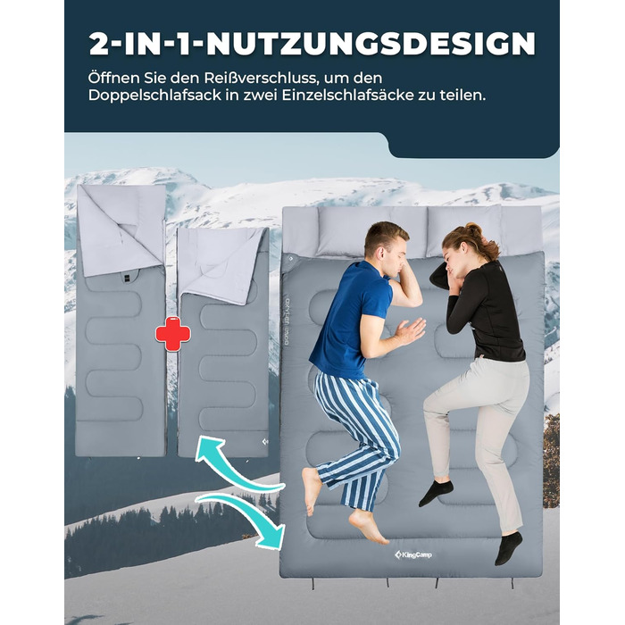 Сплячий мішок KingCamp для двох осіб, зимовий, для кемпінгу, сірий