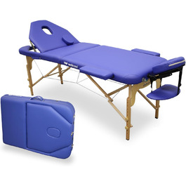 Складаний масажний стіл WELLCORE з дерева, 185x65 см, синій, екошкіра, регульована висота, відкидна спинка, отвір для обличчя, до 225 кг