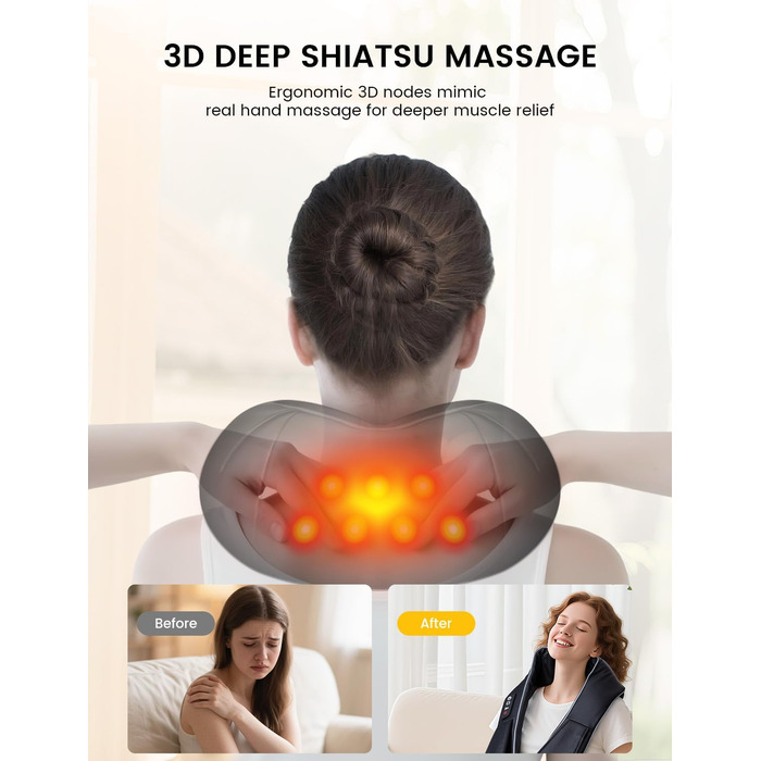 Масажер для шиї RIKE Shiatsu з підігрівом - 3D масажер для шиї, плечей та спини, з адаптерами для мережі та авто, глибока масажна дія, подарунок на Різдво