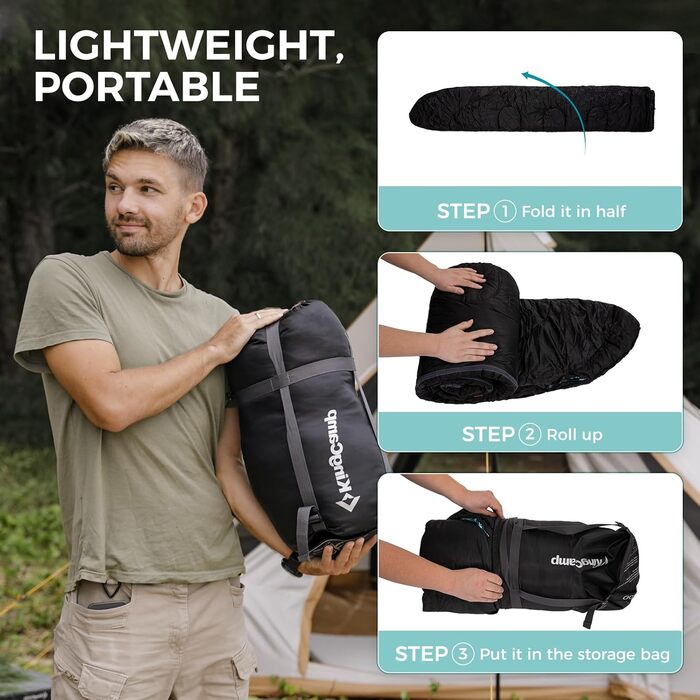 Сплячий мішок KingCamp для дорослих, для холодної погоди, великий XL, з фланелі, з компресійним мішком, водонепроникний, чорний, 230x90 см