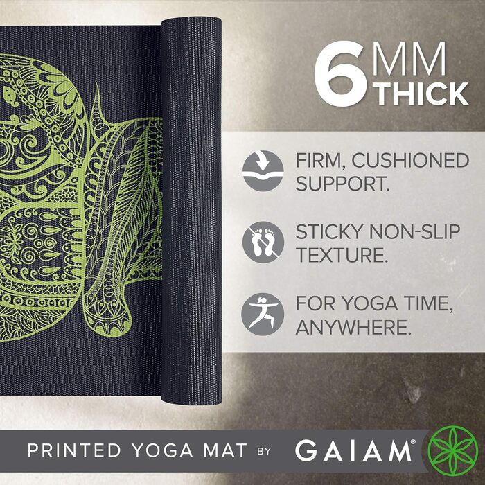 Килимок для йоги Gaiam Premium 6 мм, нековзний, з принтом Tribal Wisdom Elephant, для йоги, пілатесу та фітнесу, 172x61x0,6 см