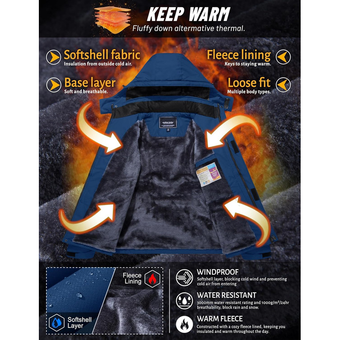 TACVASEN Куртка зимова чоловіча водонепроникна тепла флісова підкладка софтшелл дихаюча функціональна куртка з відстібаною капюшоном XL темно-синій